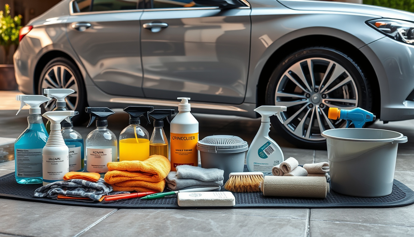 Complete car detailing kit beside a freshly washed glossy sedan in a driveway
