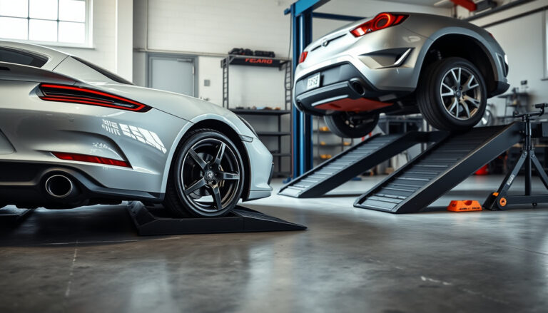 Low car on compact ramps with hydraulic car ramps nearby in a clean garage
