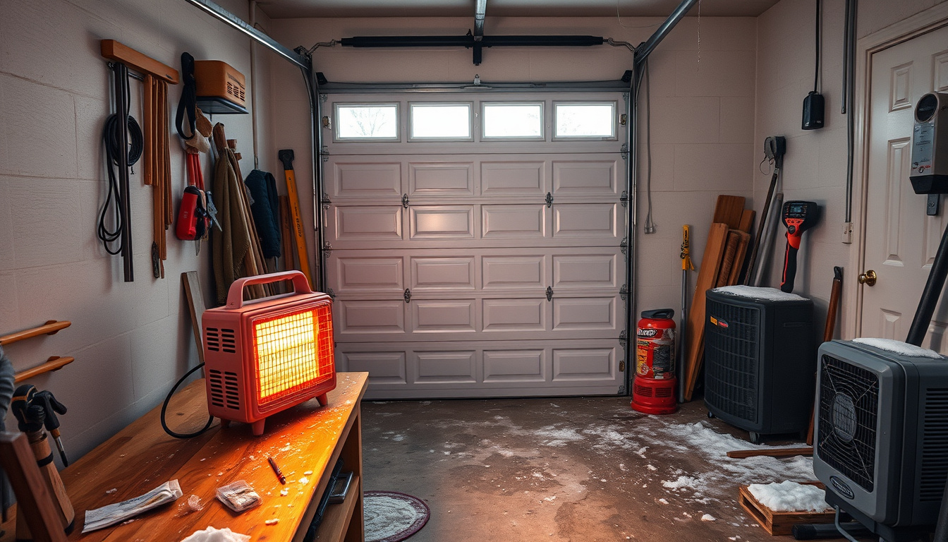 Portable garage heater warming a tidy workshop on a cold winter morning