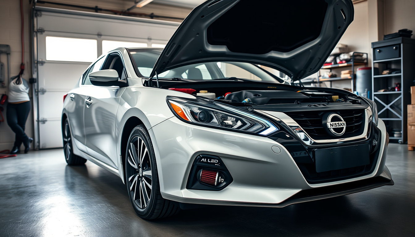 Nissan Altima-style sedan in a garage showing tires, front lip, air filter, and interior LED upgrades