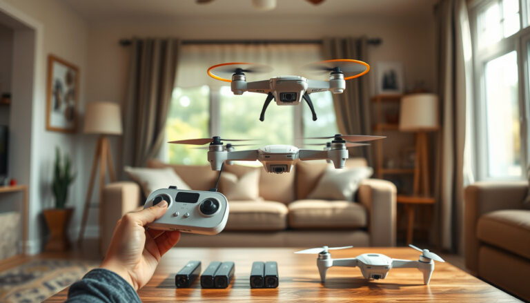 Small guarded indoor drone hovering in a living room while a child uses a remote controller