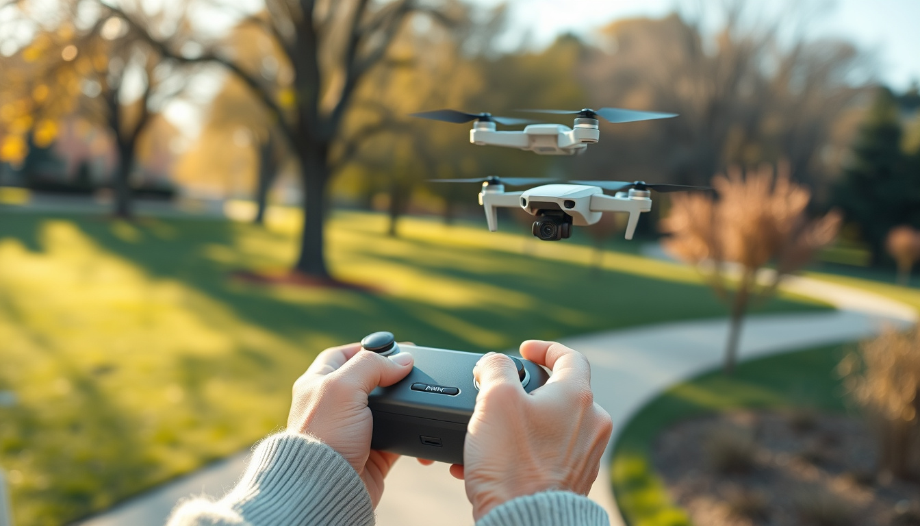 Senior’s hands control a small camera drone hovering steadily in a sunny park