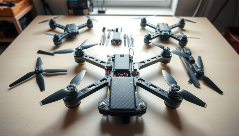 Several 5-inch FPV drone frames and parts arranged on a workbench for comparison