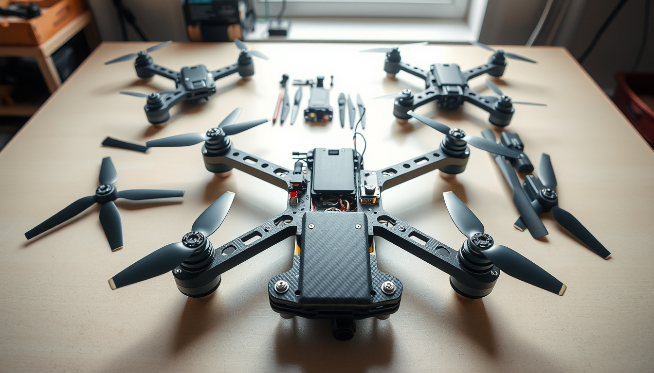 Several 5-inch FPV drone frames and parts arranged on a workbench for comparison