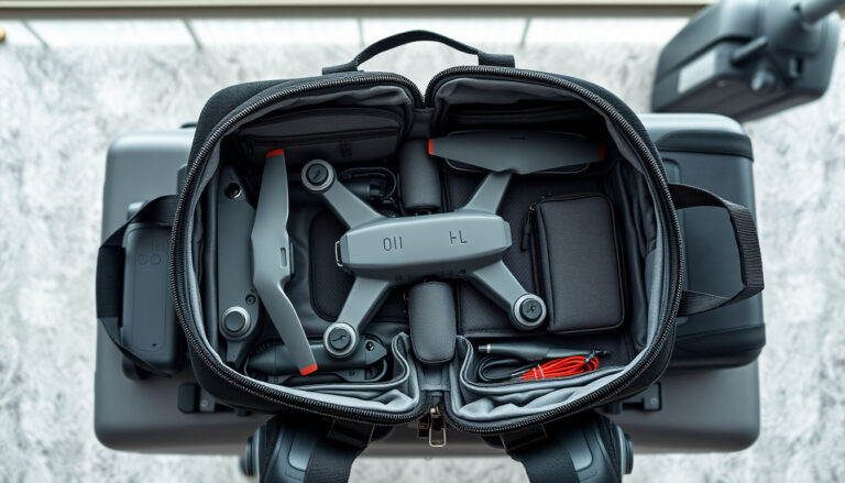 Open drone backpack packed with drone, controller, goggles and batteries in an airport lounge