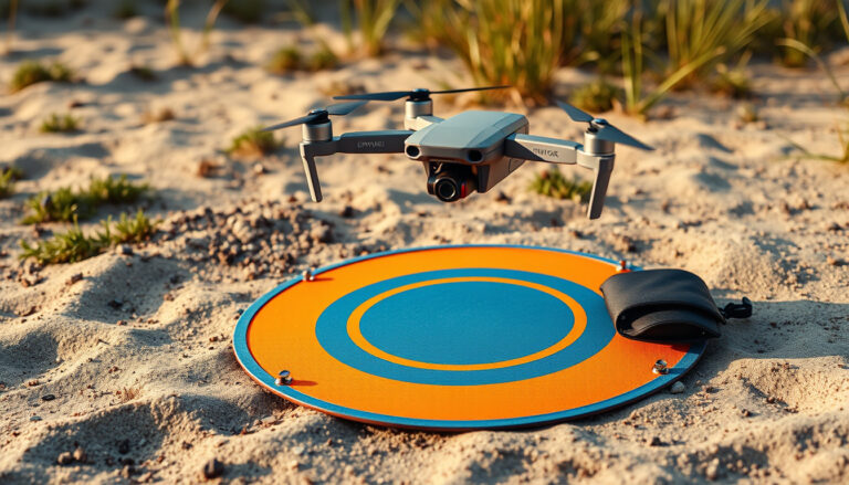 Drone hovering above a bright landing pad on sandy grass with stakes and a carry pouch nearby