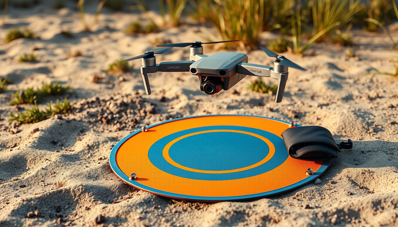 Drone hovering above a bright landing pad on sandy grass with stakes and a carry pouch nearby
