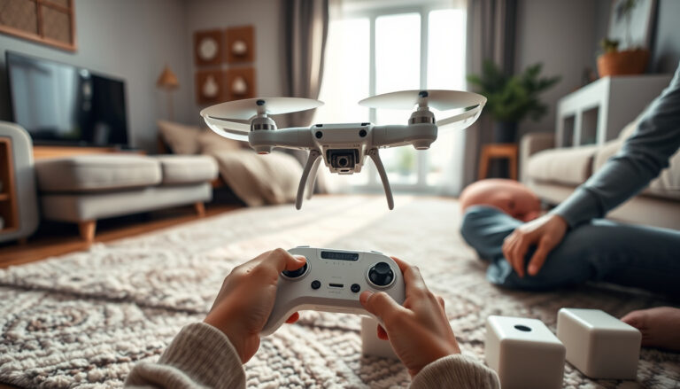 Small guarded toy drone hovering indoors as a child learns to fly with adult supervision