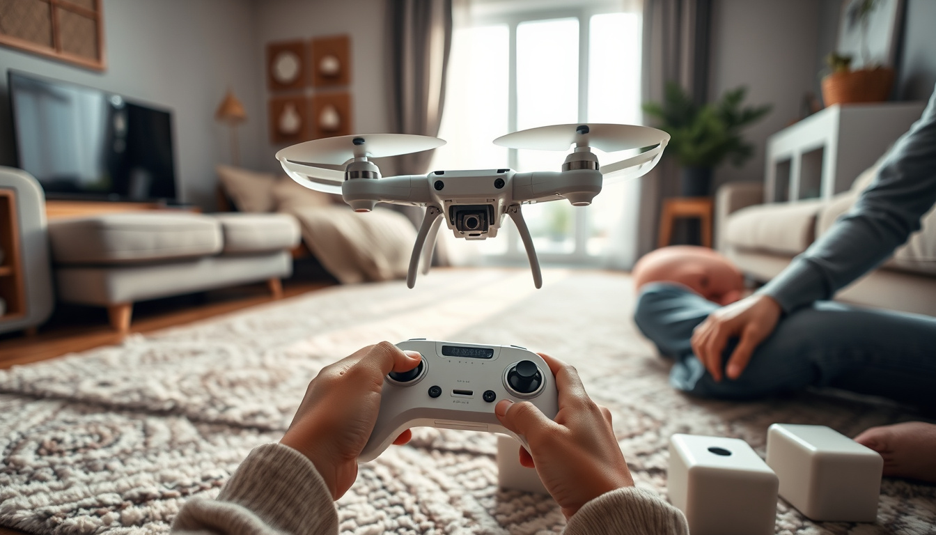 Small guarded toy drone hovering indoors as a child learns to fly with adult supervision