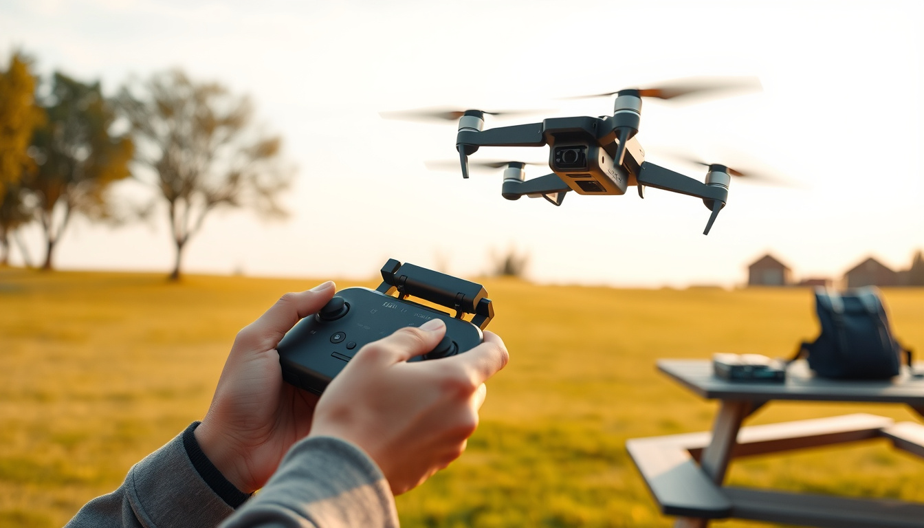 Teen flying a small camera drone in a park with controller and backpack nearby