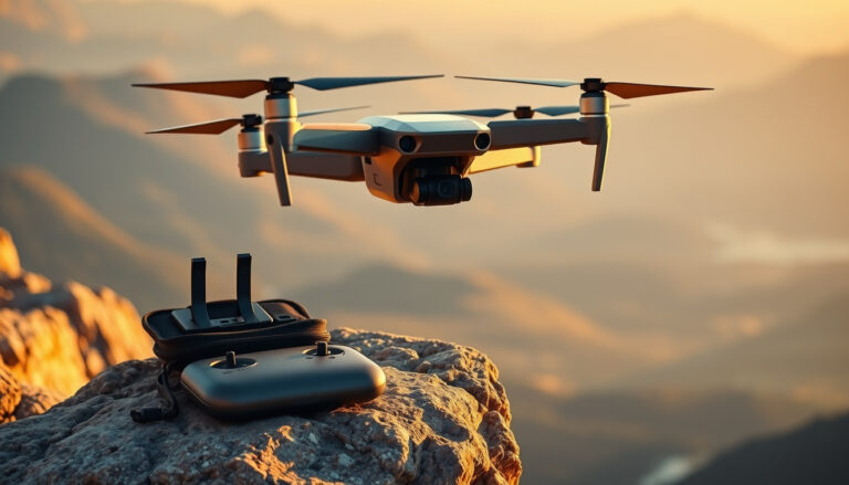 Foldable camera drone hovering over a landscape with spare batteries and charging hub nearby