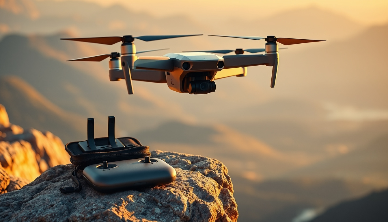 Foldable camera drone hovering over a landscape with spare batteries and charging hub nearby