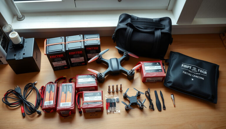 FPV drone LiPo batteries arranged with quadcopters, connectors, charger leads, and a safety storage bag.