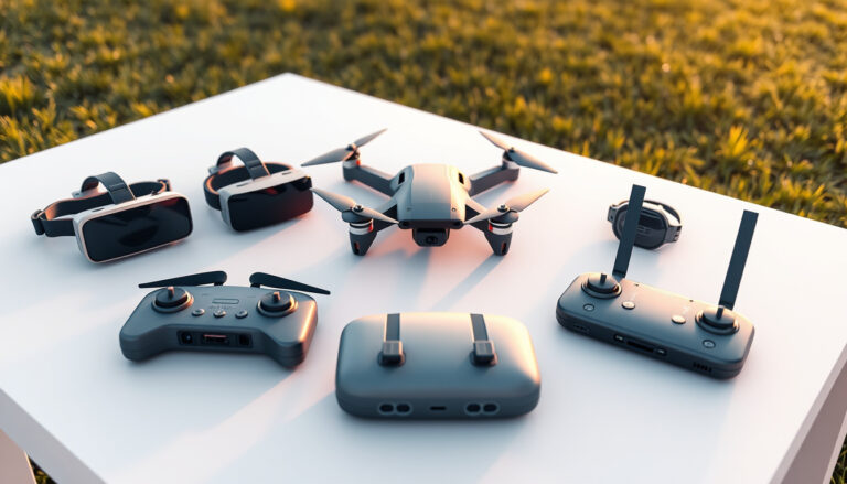 FPV goggles and a drone controller arranged on an outdoor flying field table