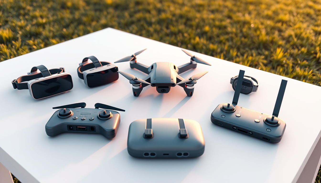 FPV goggles and a drone controller arranged on an outdoor flying field table