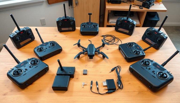 Eight FPV radio transmitters compared on a workbench with a small racing drone