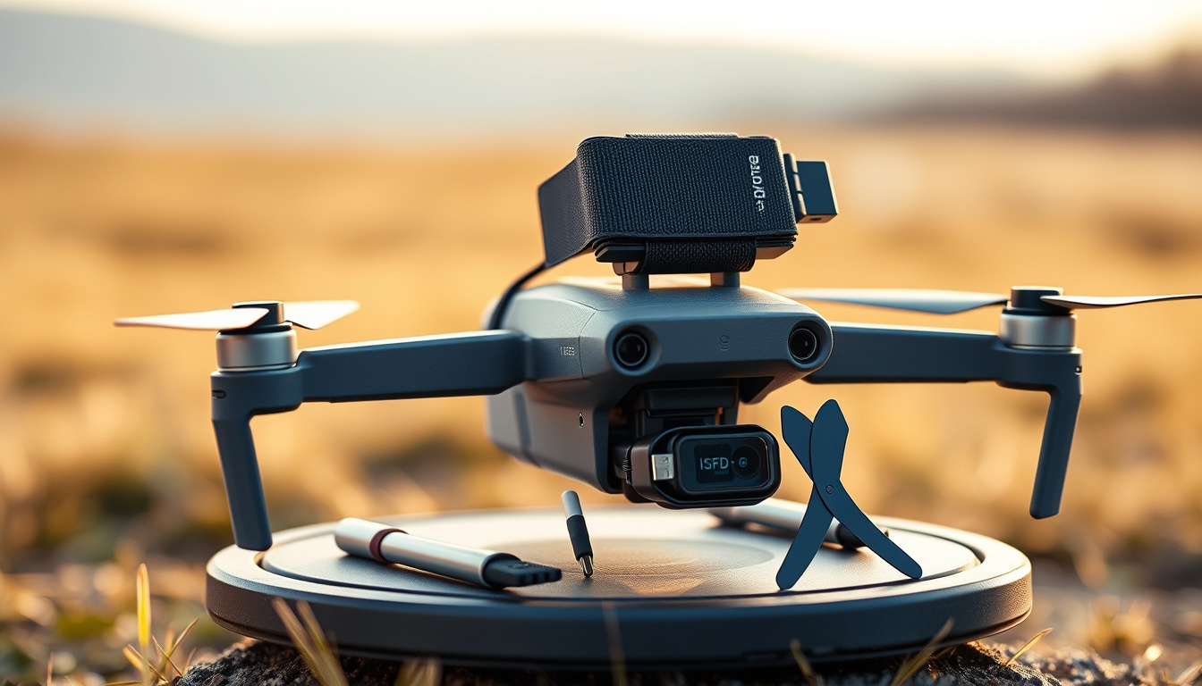Camera drone with a small Remote ID GPS module attached on an outdoor launch pad