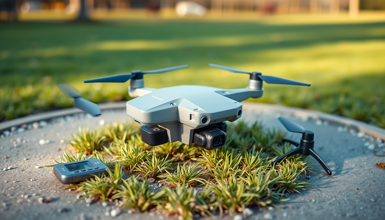 DJI Mini drone with landing gear extensions raised above grass and gravel