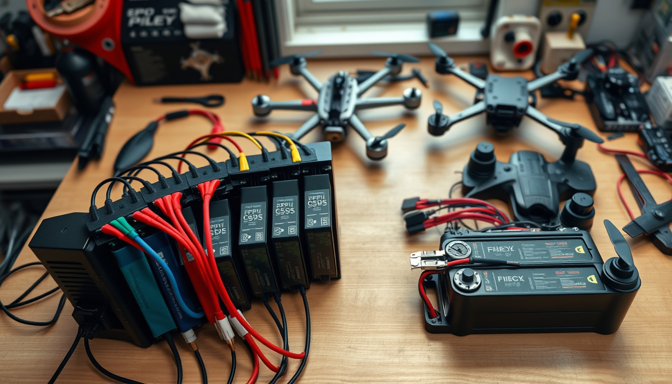 FPV drone workbench with LiPo chargers, batteries, and quadcopter gear