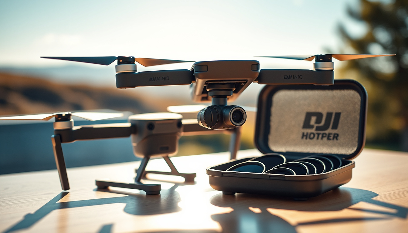 DJI Mini 5 Pro drone with snap-on ND filters in a case outdoors