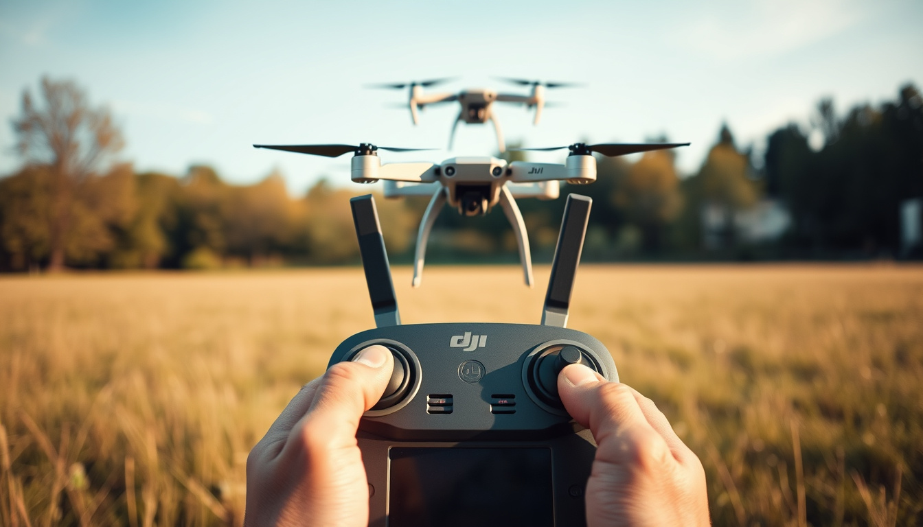Clip-on Yagi range extenders on a DJI-style controller aimed at a drone in an open field