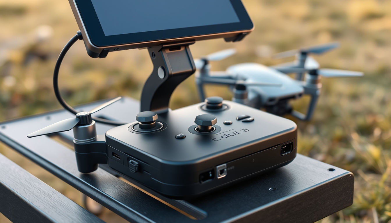 DJI RC-N3 controller with tablet holder and connected tablet outdoors