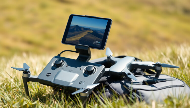 Tablet mounted on drone controller in a sunny field with a quadcopter nearby