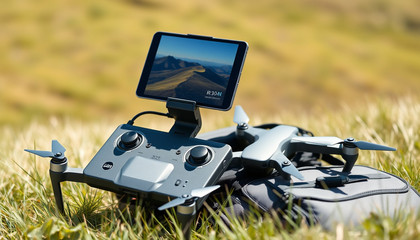 Tablet mounted on drone controller in a sunny field with a quadcopter nearby