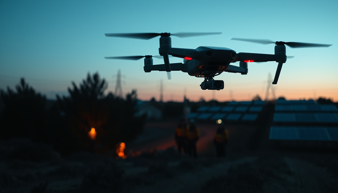 Thermal inspection drone hovering at dusk during search and rescue near utility infrastructure