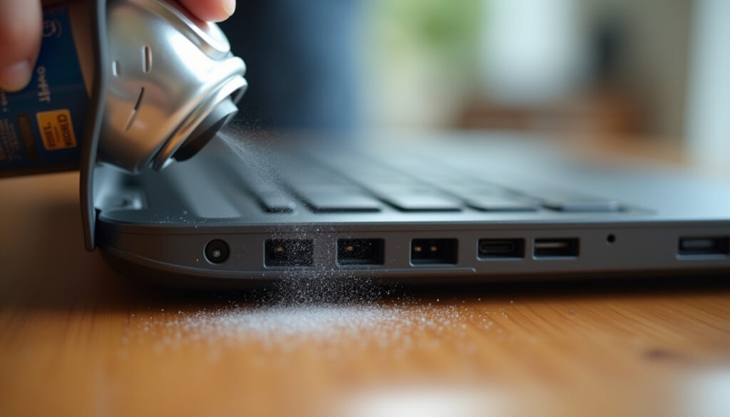 Compressed air cleaning dust from laptop ventilation openings