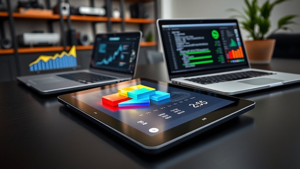 Laptops and a tablet showing product comparison charts on a desk
