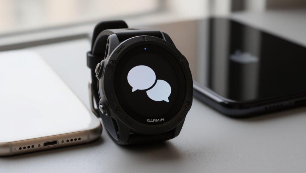 Garmin-achtige smartwatch naast twee smartphones met melding op het scherm