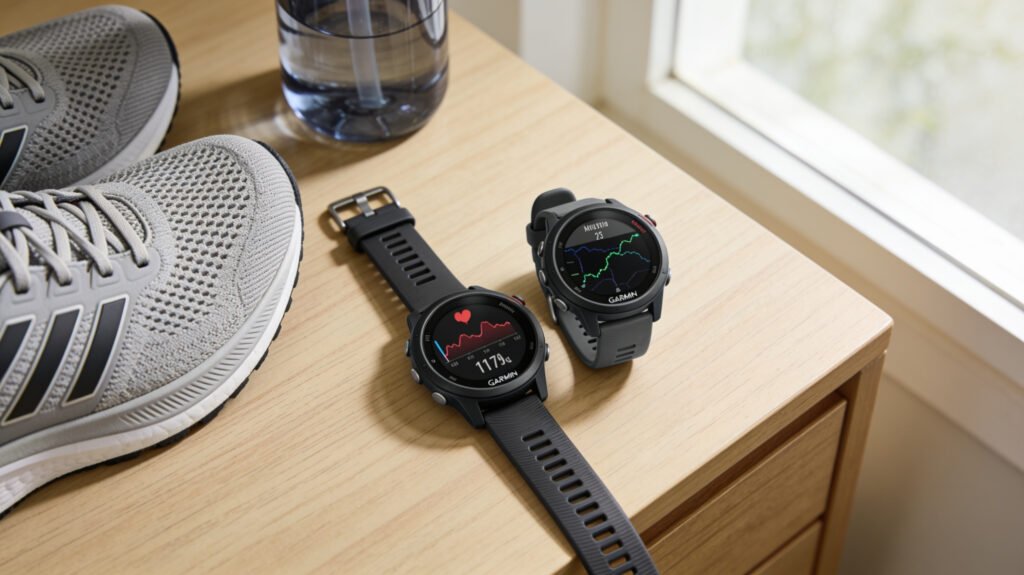 Garmin-style smartwatches with running shoes and fitness accessories on a desk