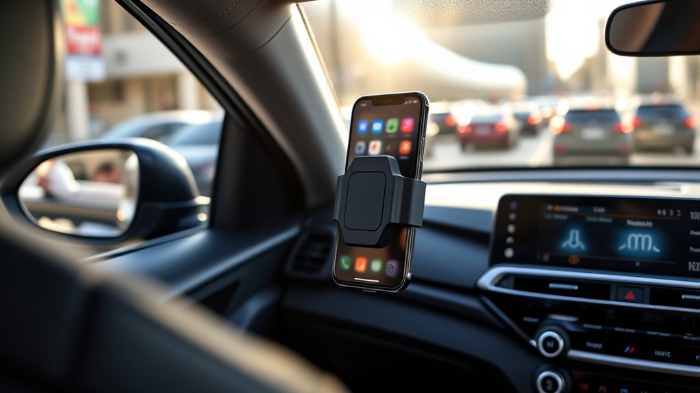 Smartphone in a dashboard phone mount inside a car