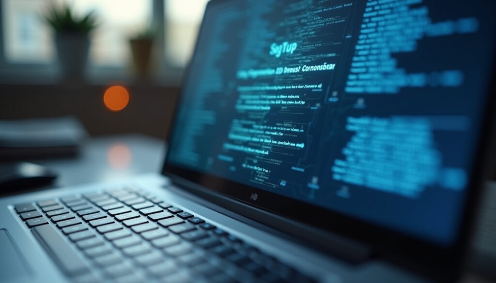 Laptop keyboard and abstract startup diagnostics screen