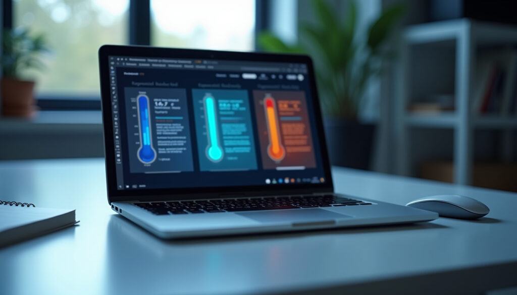 Laptop showing blurred temperature monitoring panels on screen