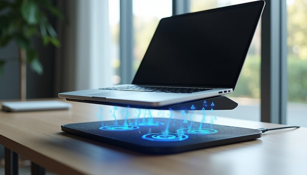 Laptop sitting on a ventilated cooling pad on a desk