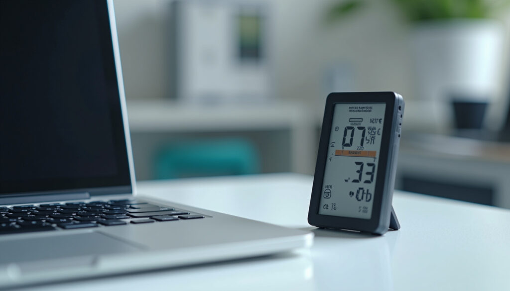Laptop with thermometer and processor chip on a clean workbench