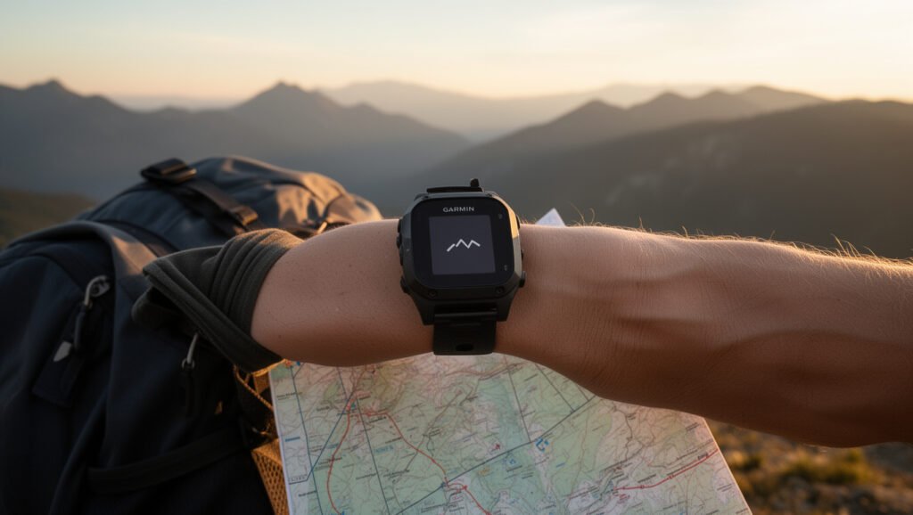 Outdoor smartwatch in de bergen voor inReach-berichten zonder telefoon