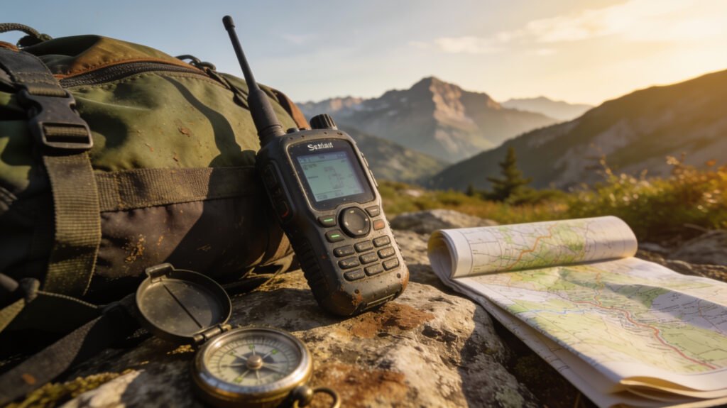 Satellite communicator and GPS watch on a rock in mountain terrain
