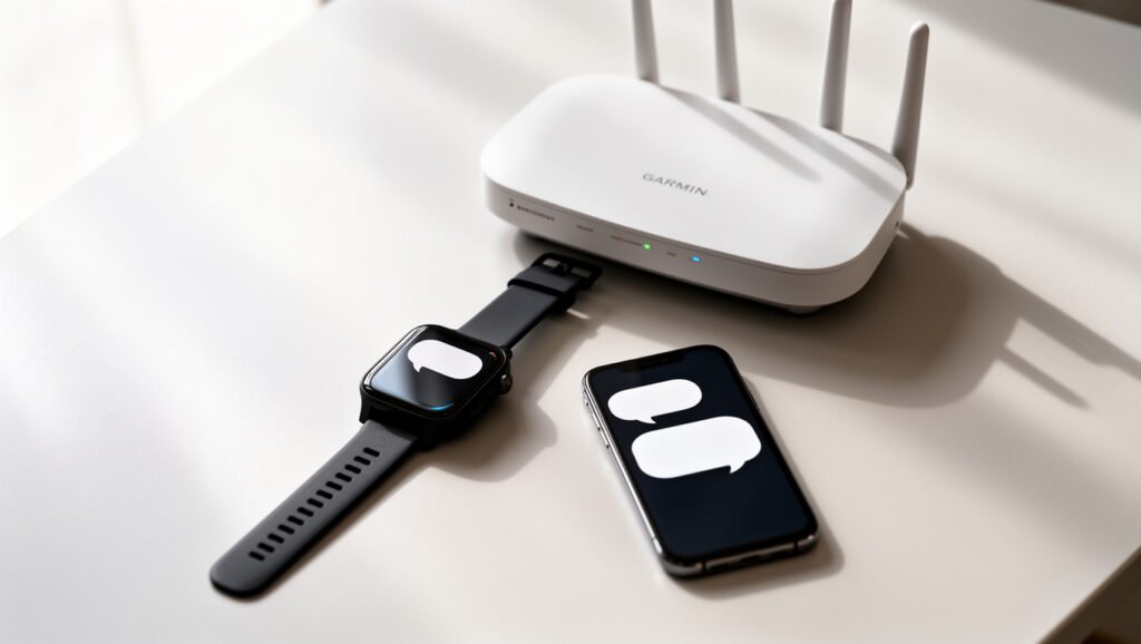 Smartwatch en smartphone naast een router voor Messenger-verbinding