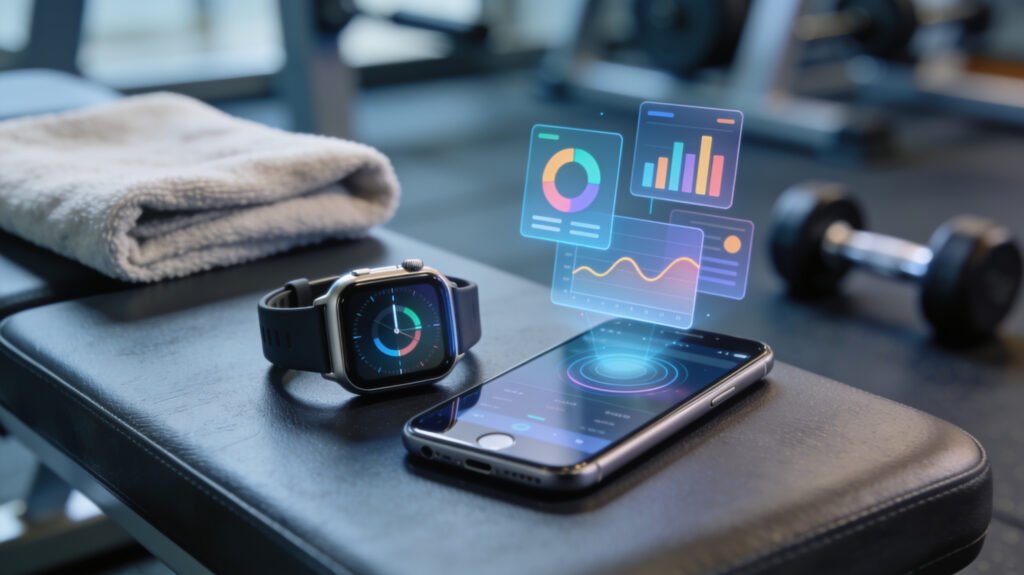 Smartwatch and phone next to fitness gear showing premium training insights
