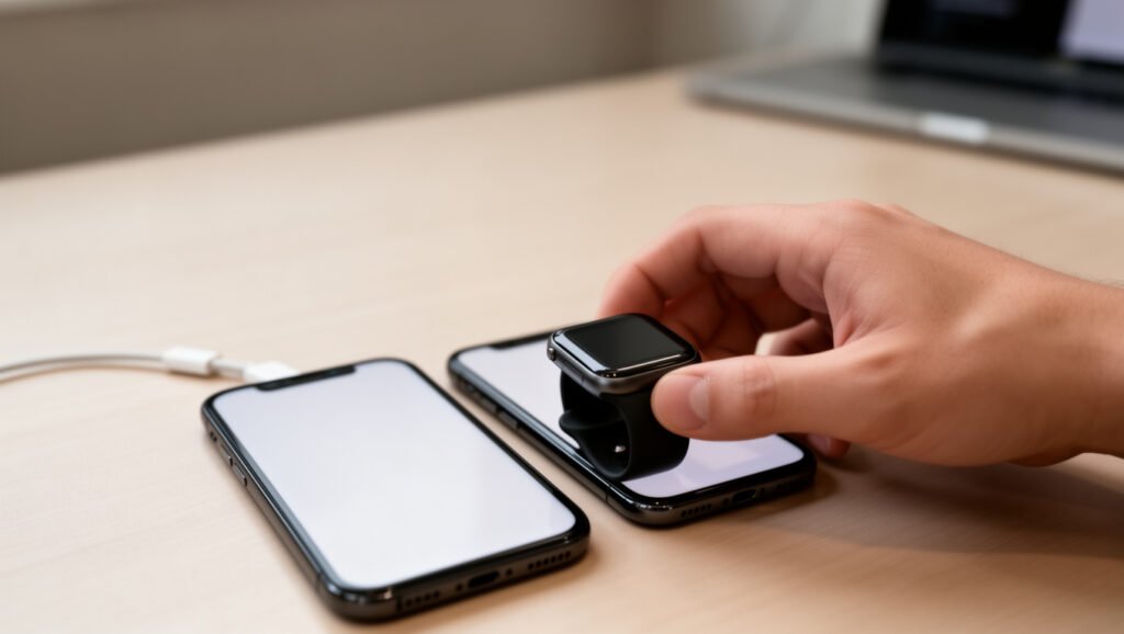 Smartwatch en telefoon op een bureau tijdens probleemoplossing