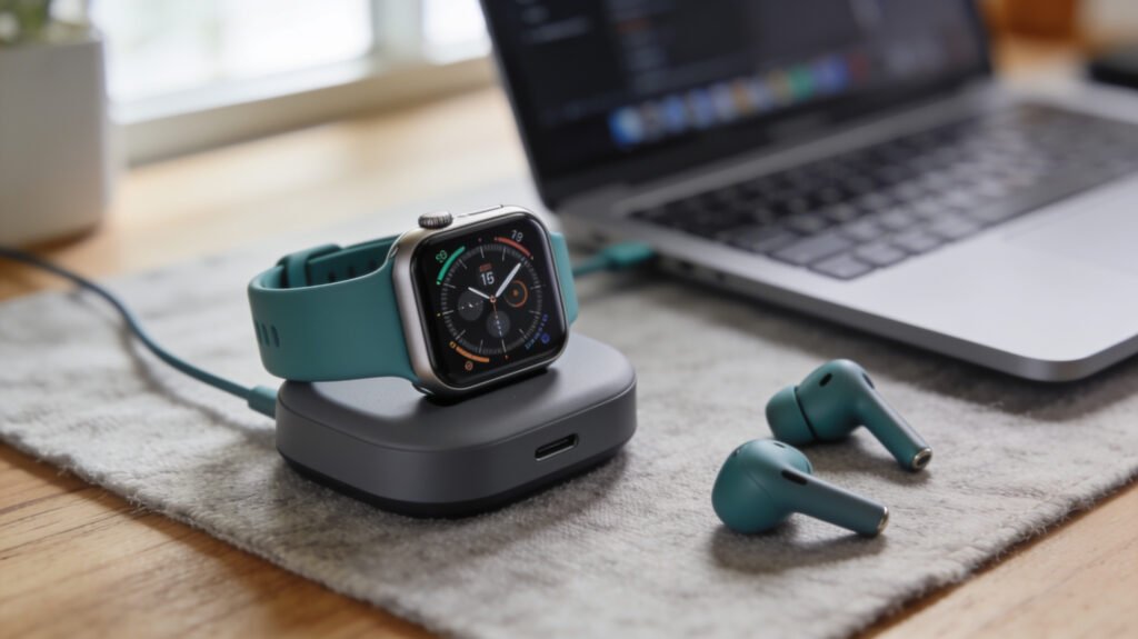 Smartwatch and earbuds on a desk, ready for offline workout music