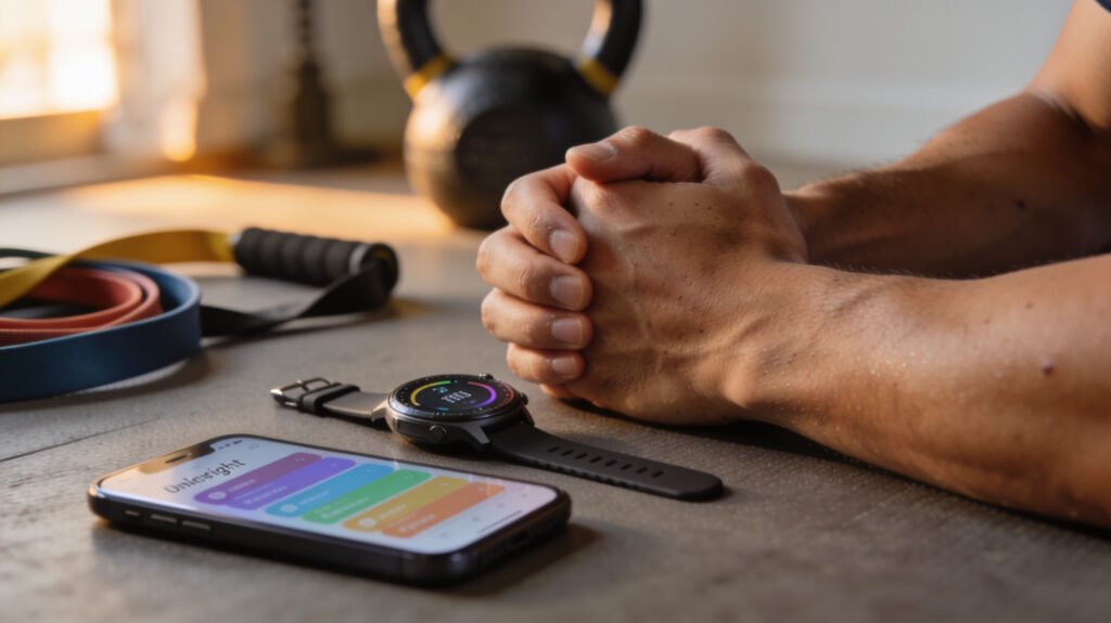 Athlete checking a smartwatch and phone after a workout