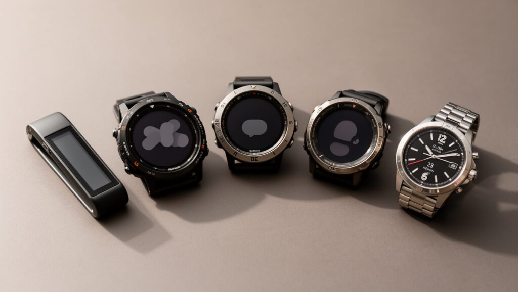 Verschillende Garmin-achtige horloges naast elkaar op een tafel