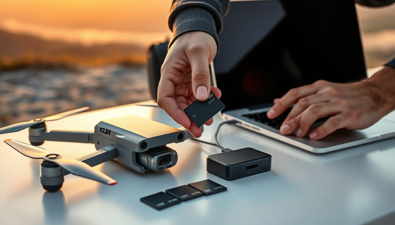 MicroSD card being inserted into a USB-C card reader beside a drone and laptop outdoors