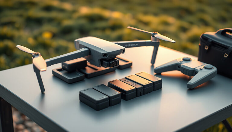 Drone batteries charging in a multi-port hub beside a folded drone and controller outdoors