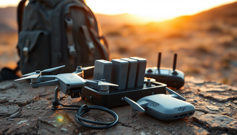 DJI Mini drone batteries charging in a compact hub beside a folded drone and controller outdoors