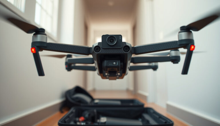 Compact cinewhoop drone hovering through a narrow indoor hallway for smooth cinematic filming